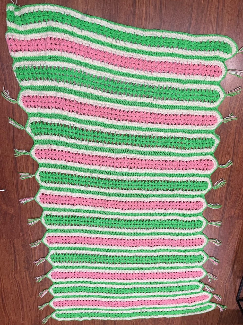 Vtg. Large Granny Square Handmade Watermelon Crochet Afghan Blanket 70x39” Pink